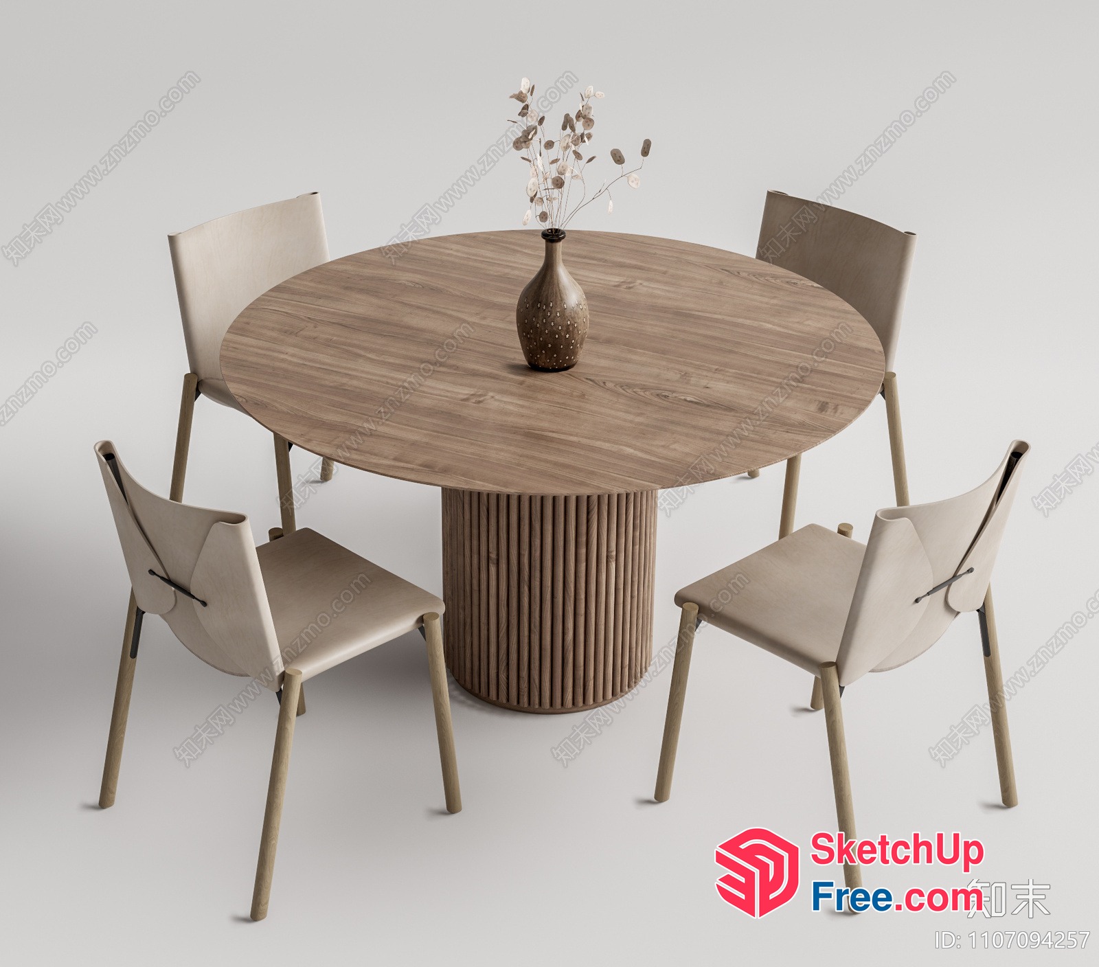 Round Table With Fluted Pillar Base And Four Chairs 3D SketchUp File