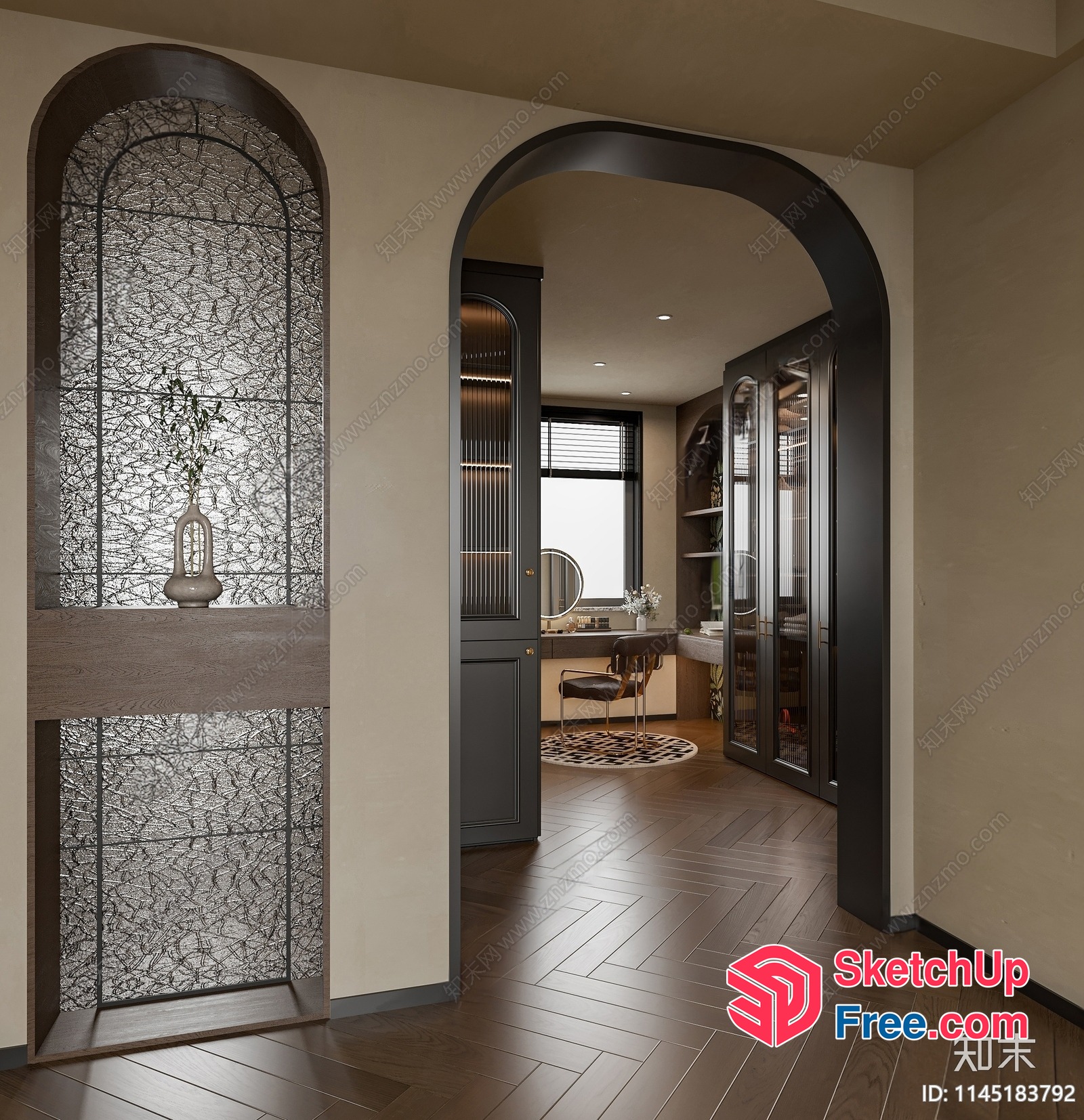 Elegant Dark Wood Floor And Arched Doorway 3D SketchUp File
