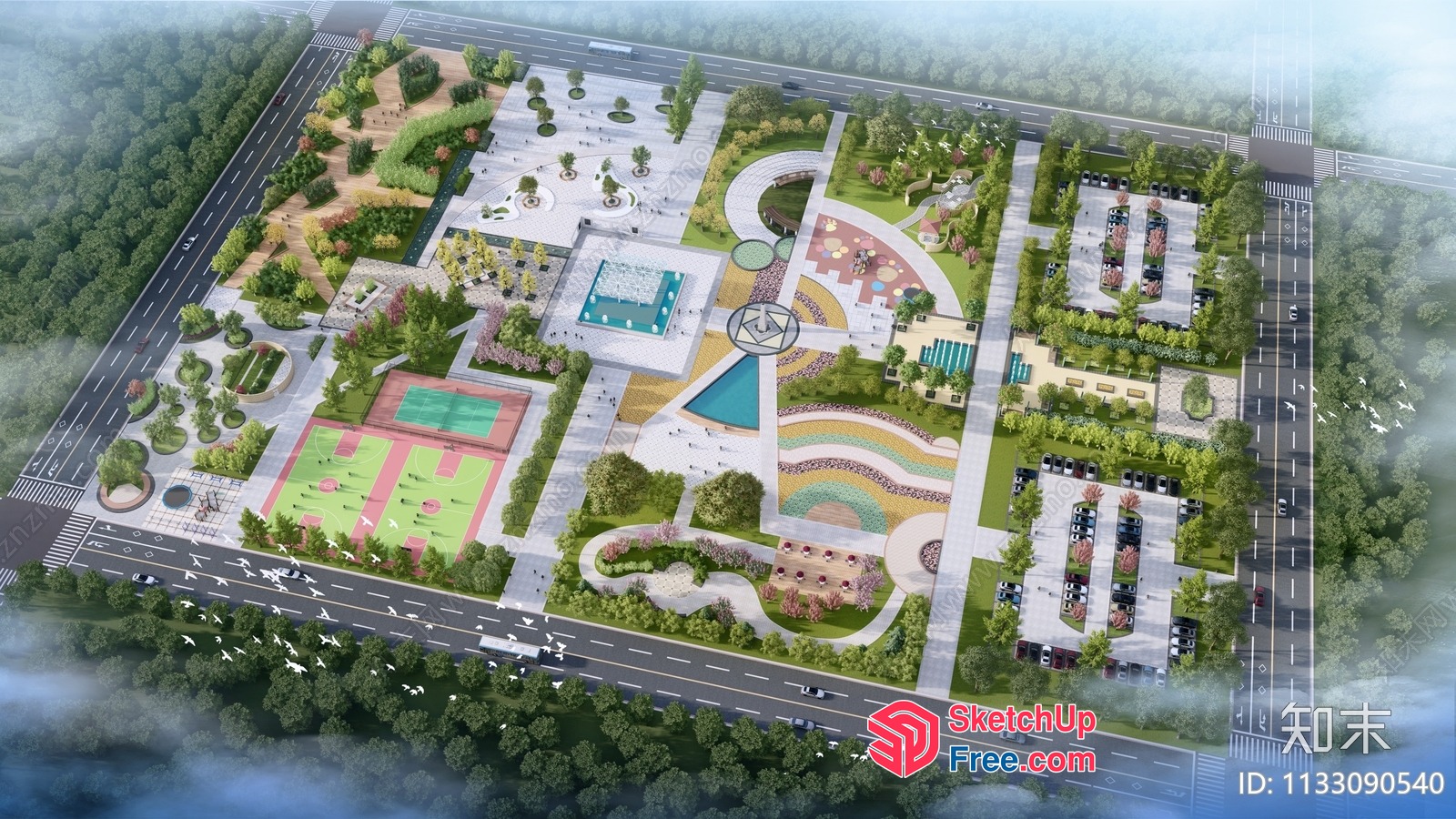 Modern Commercial Street Park With Outdoor Amenities And Parking 3D SketchUp File