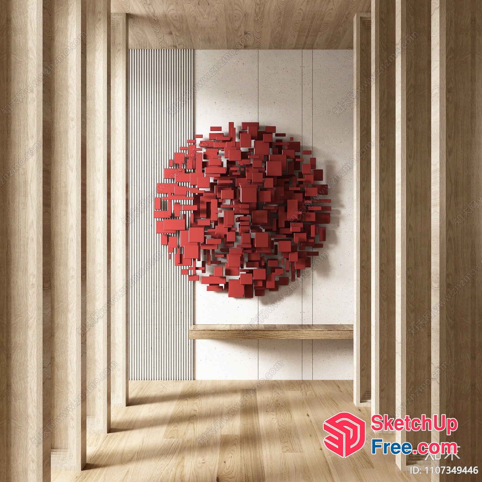 Elegant Wood-Panelled Interior With Geometric Red Wall Art 3D SketchUp File