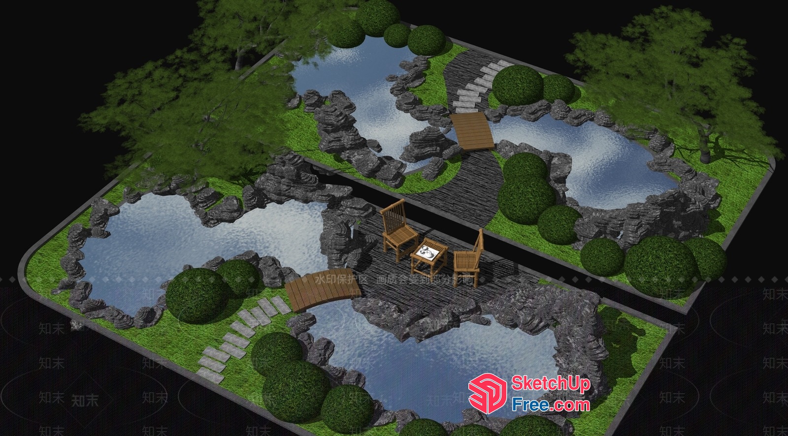 Japanese-Style Garden With Koi Ponds And Bridge 3D SketchUp File