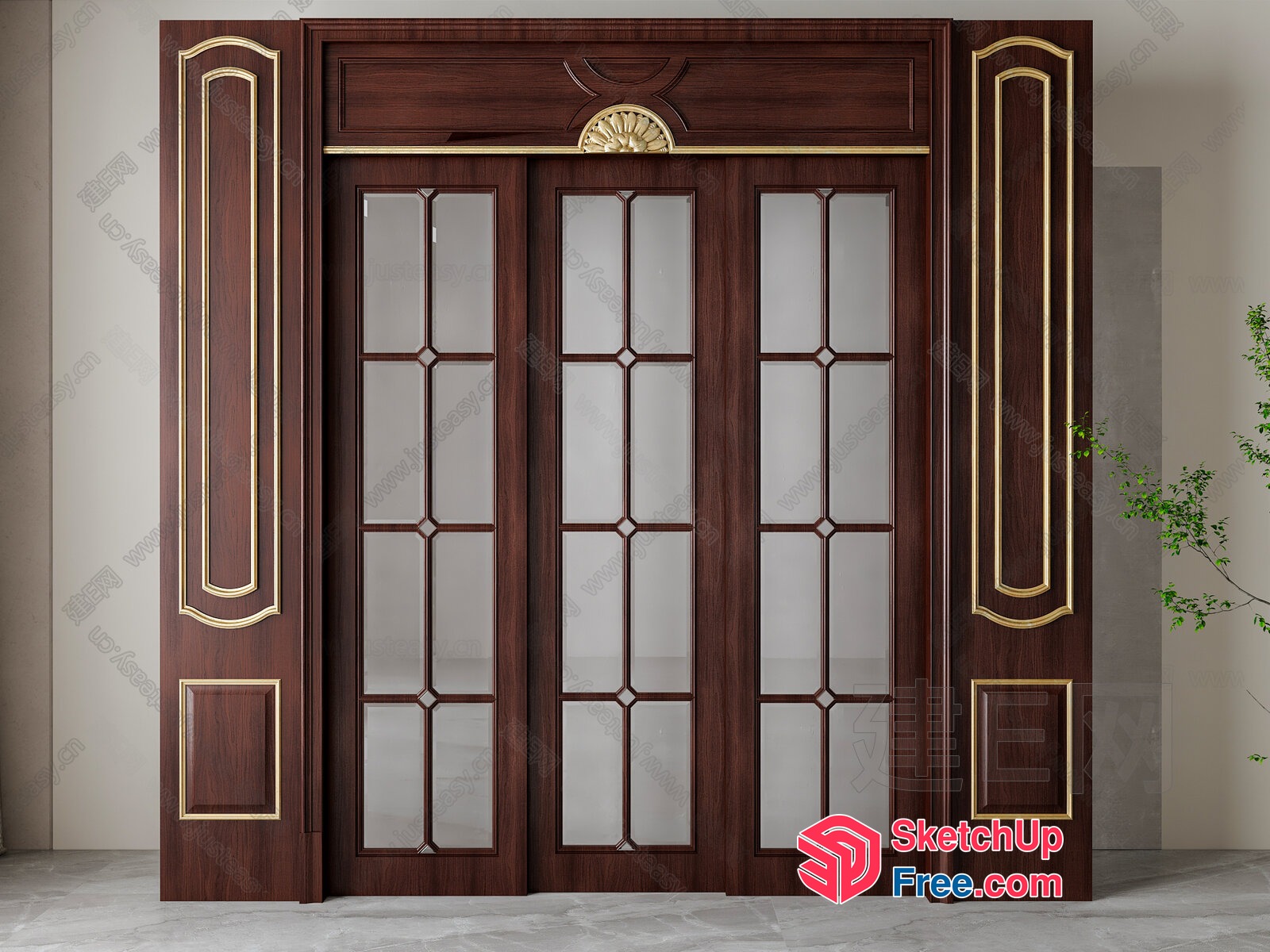 Elegant Wood Door With Glass Panels 3D SketchUp File