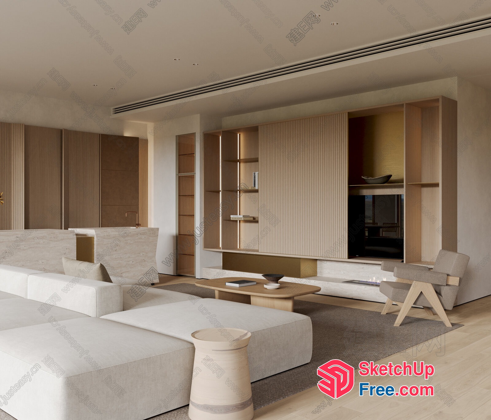 Modern Living Room With Neutral Color Palette And Natural Wood Accents 3D SketchUp File