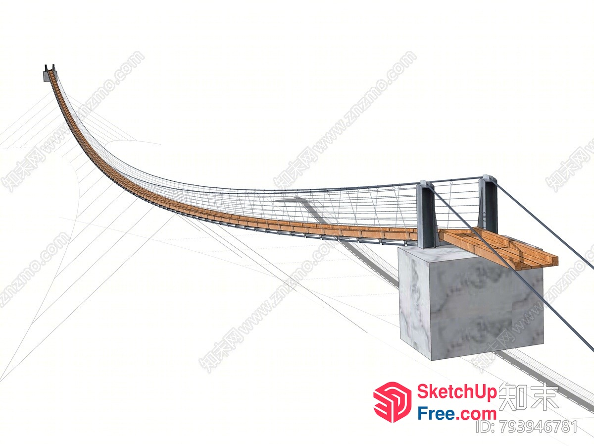 Suspended Bridge With Wooden Planks And Metal Railing 3D SketchUp File