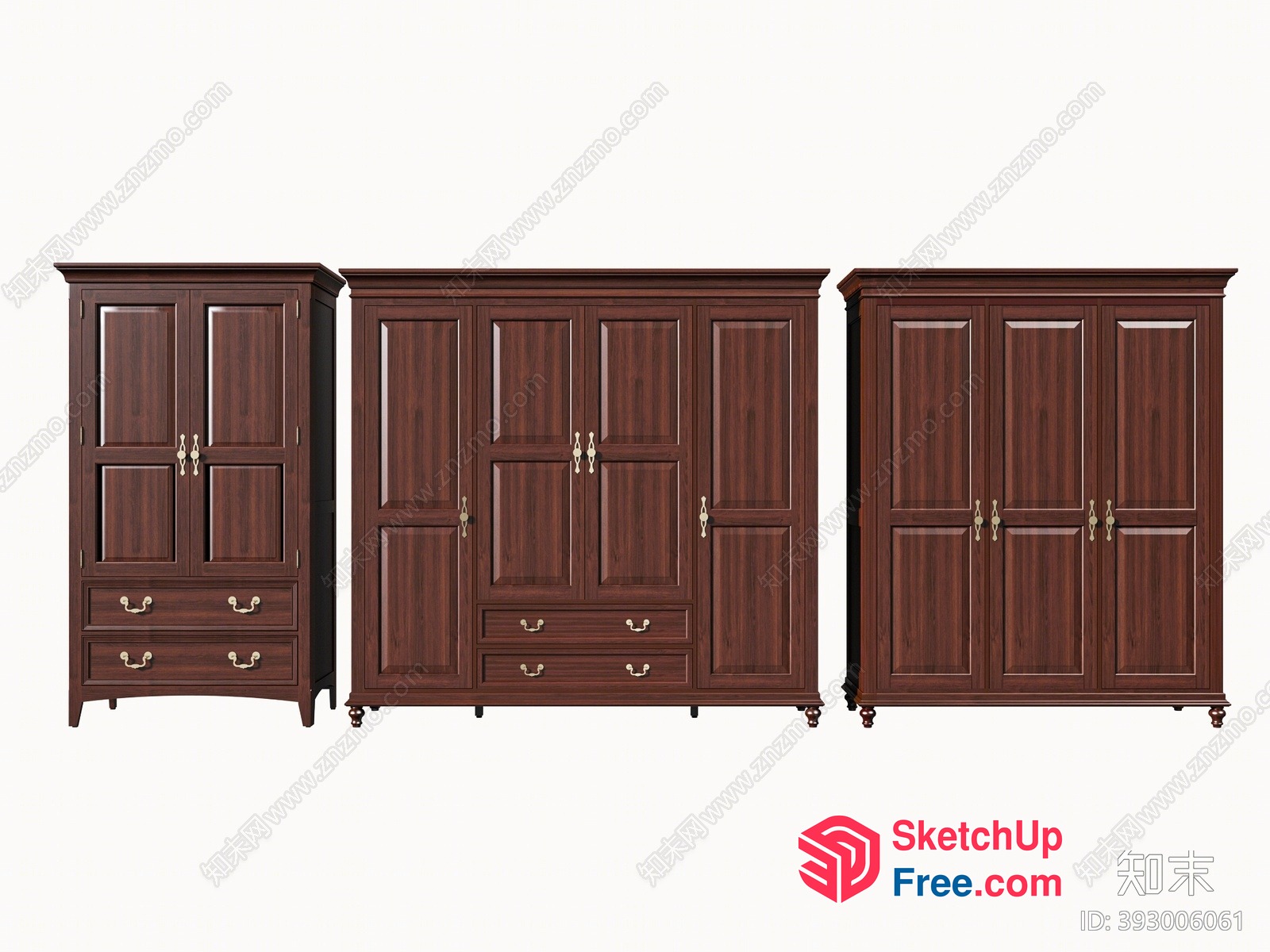 Three Dark Brown Wardrobes With Gold Handles 3D SketchUp File