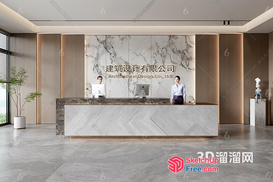 Modern Marble And Wood Reception Desk Interior 3D SketchUp File