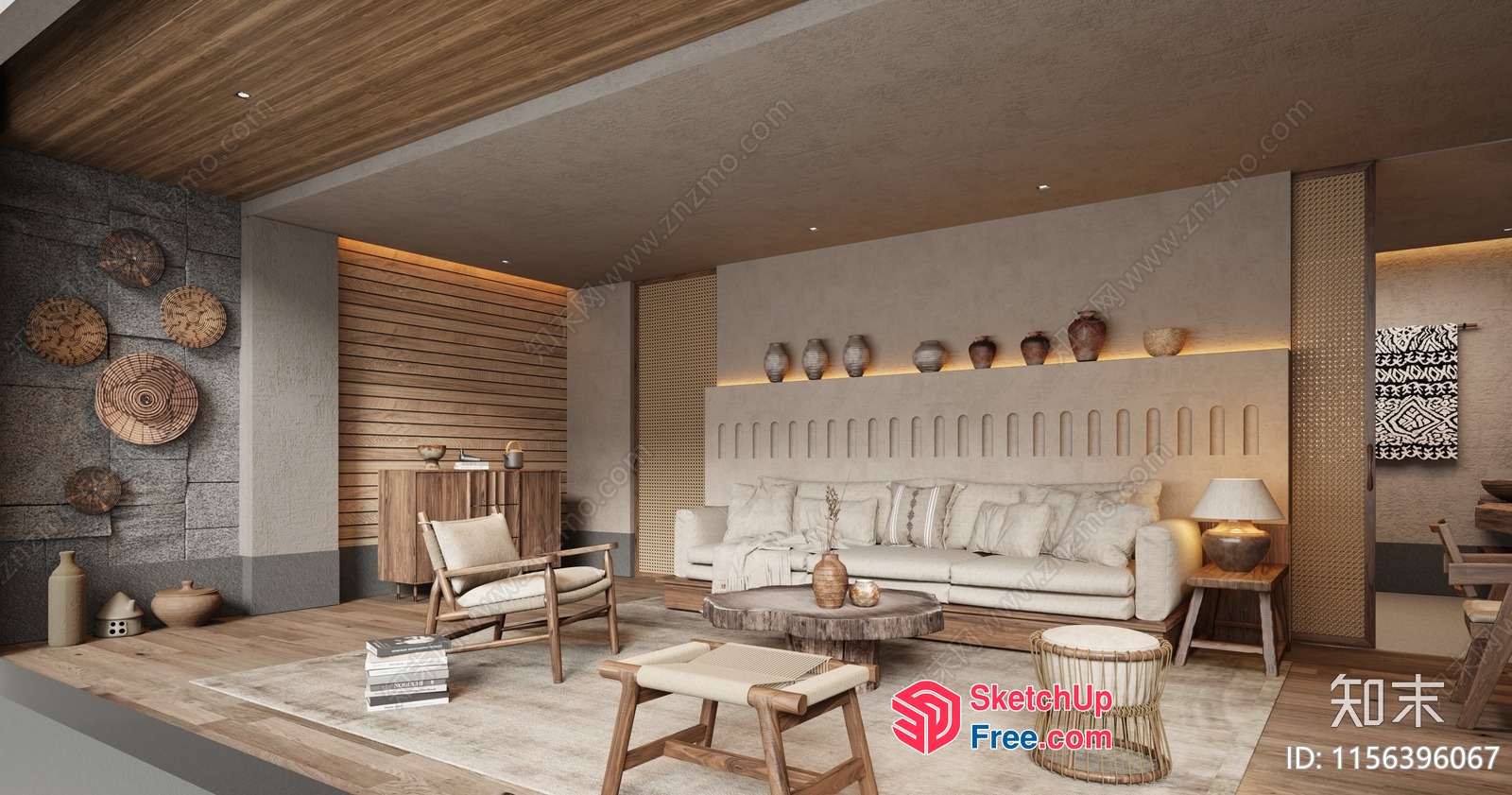 Modern Living Room With Creamy Style And Natural Decor 3D SketchUp File