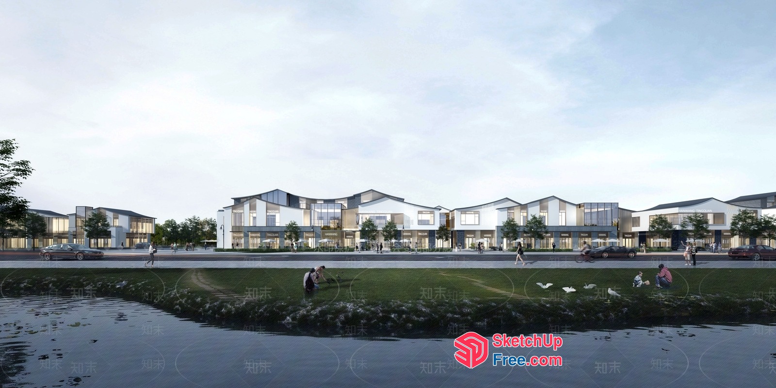 Modern Urban Landscape With Waterfront And Buildings 3D SketchUp File