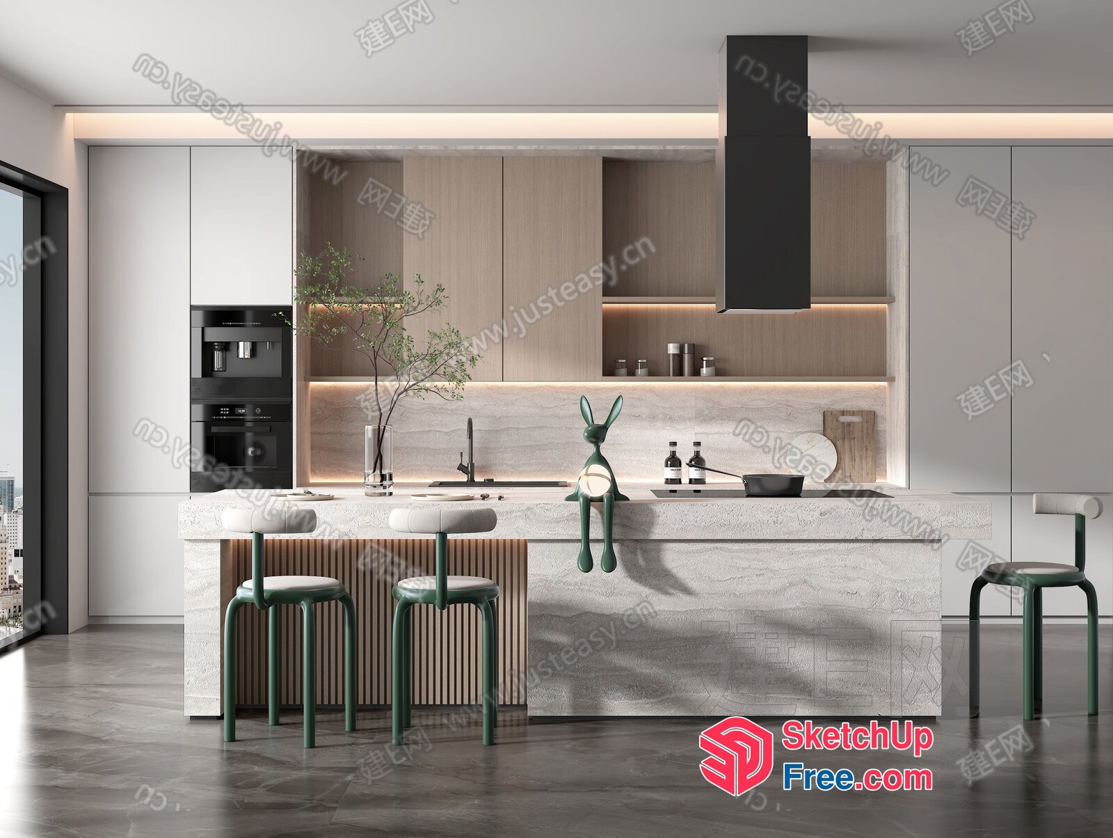 Modern Kitchen With Green Stools And Decorative Bunny 3D SketchUp File