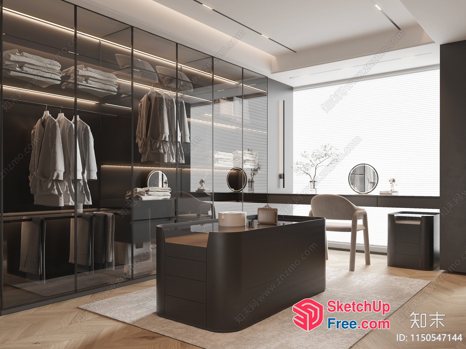 Modern Minimalist Bedroom With Glass Wardrobe And Desk 3D SketchUp File