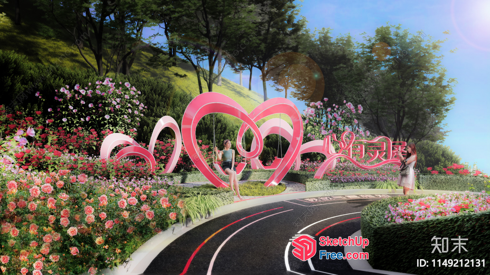 A Serene Landscape With Vibrant Pink Heart Sculptures 3D SketchUp File