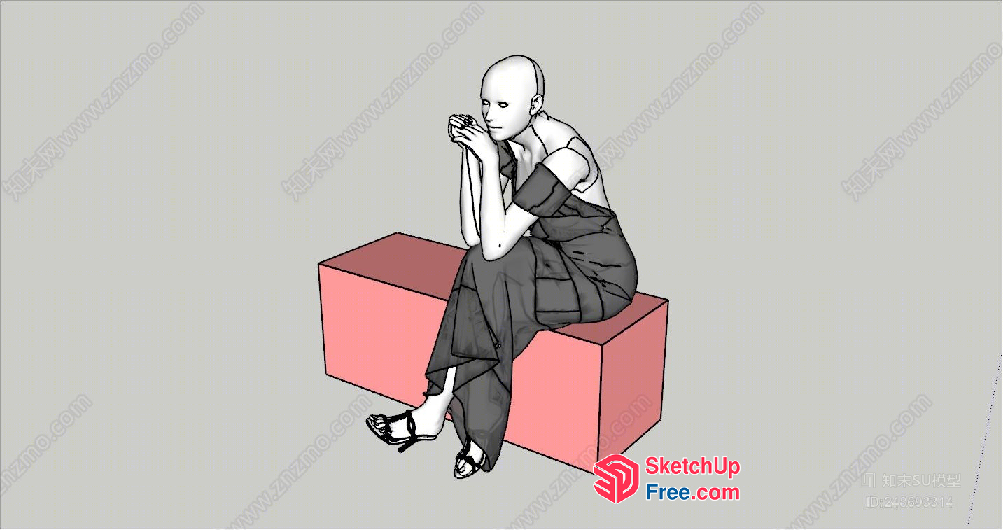 Bald Woman Sitting On A Pink Block 3D SketchUp File