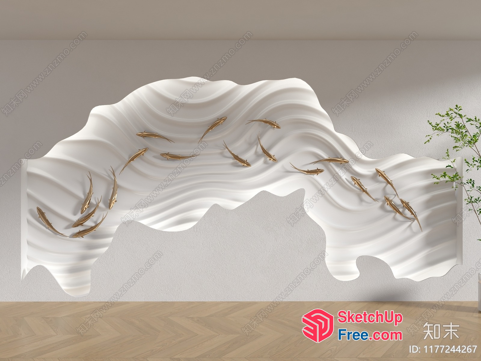 White Wall With Gold Fishes And Waves 3D SketchUp File
