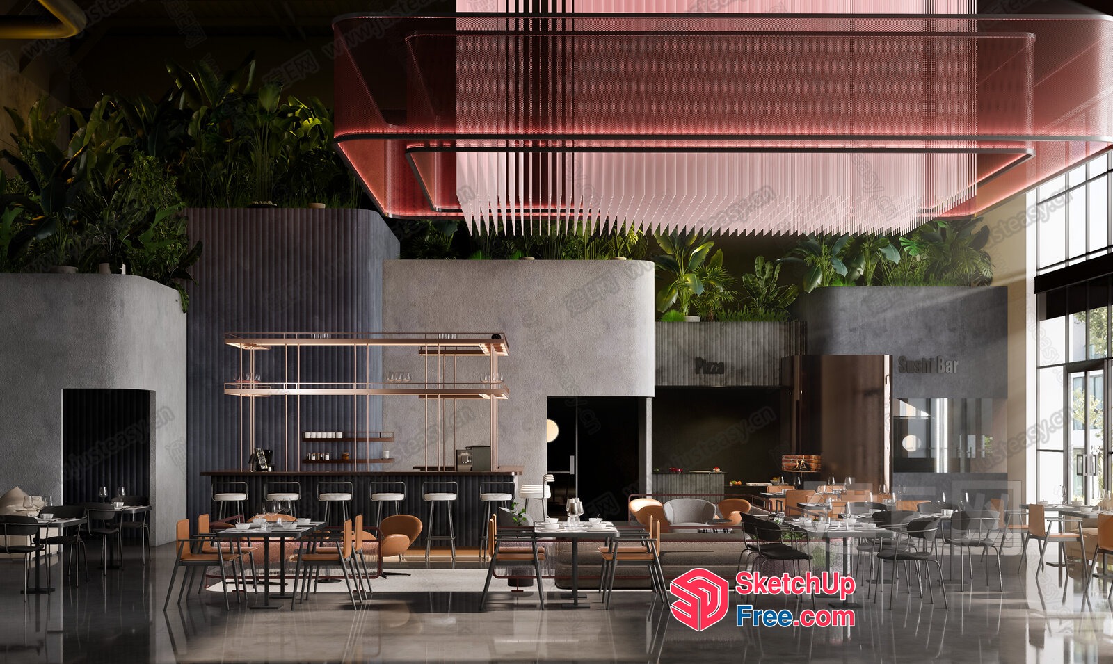 Modern Restaurant Interior With Sleek Furniture And Greenery 3D SketchUp File