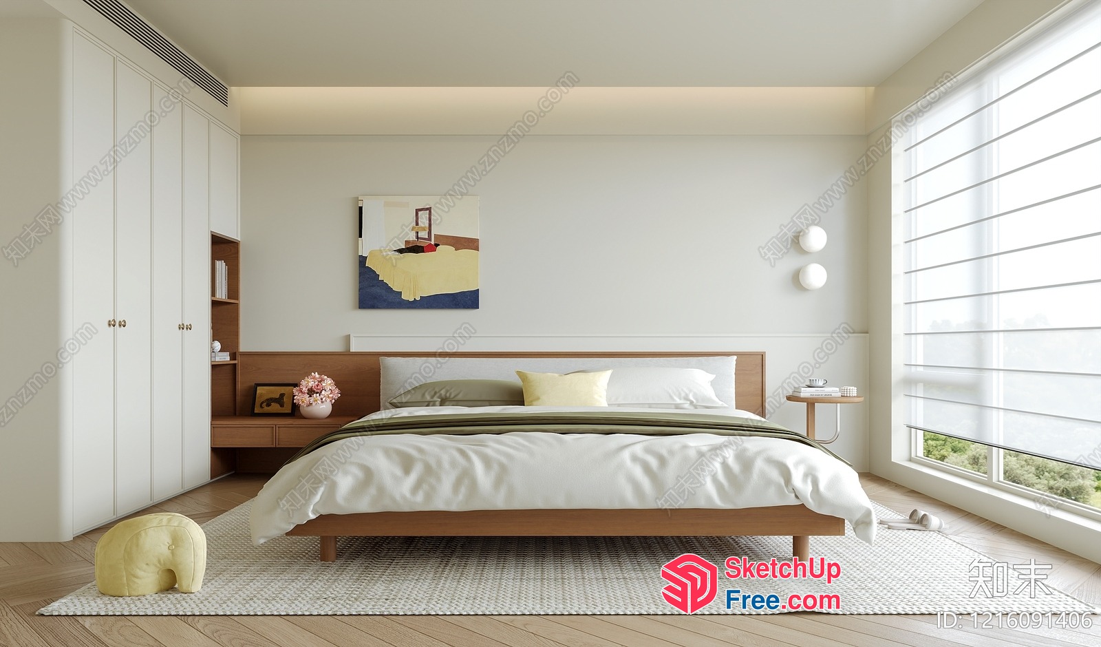Minimalist Bedroom With Wooden Furniture And White Decor 3D SketchUp File