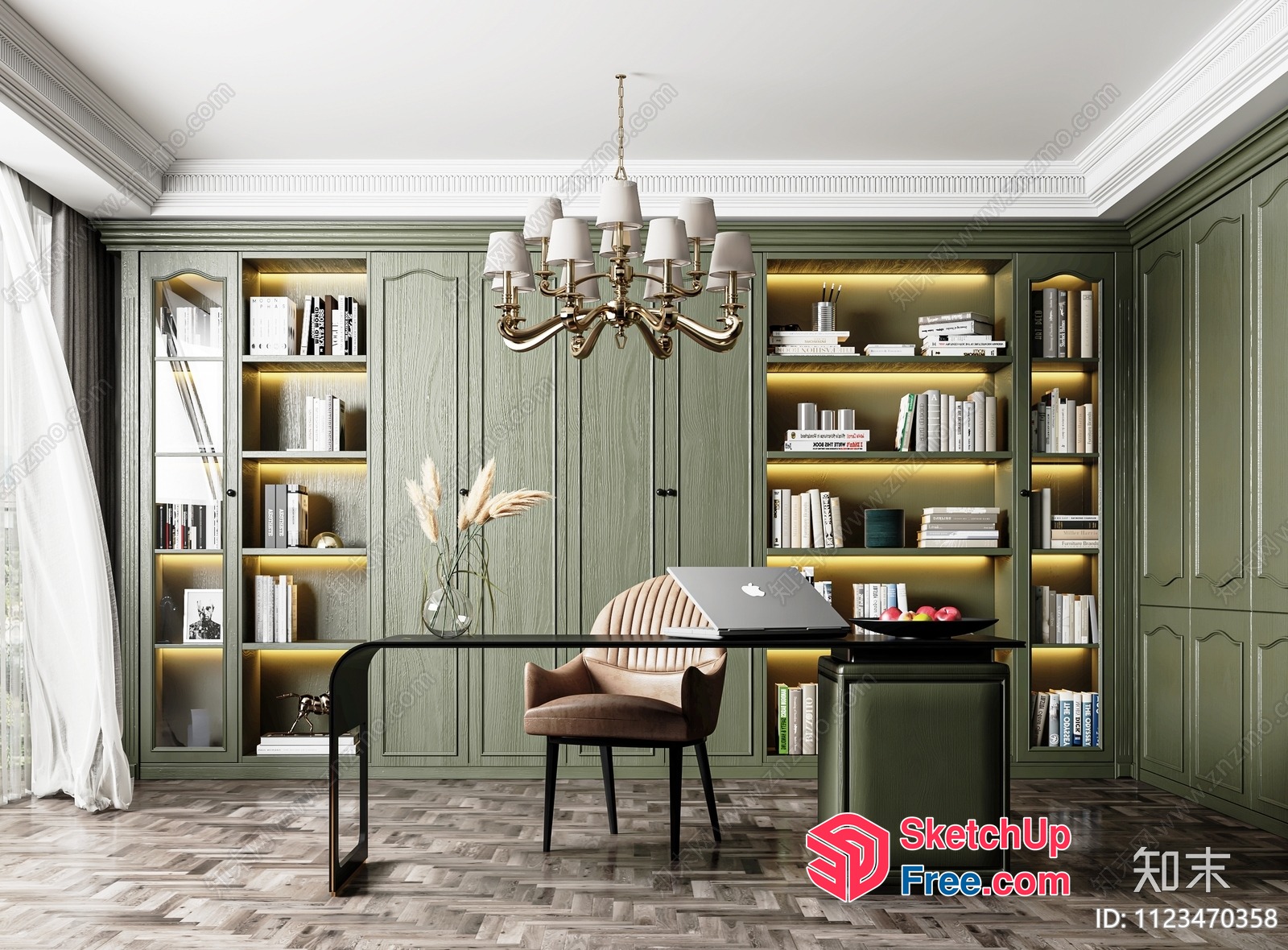 Elegant Home Office With Bookcase And Desk 3D SketchUp File