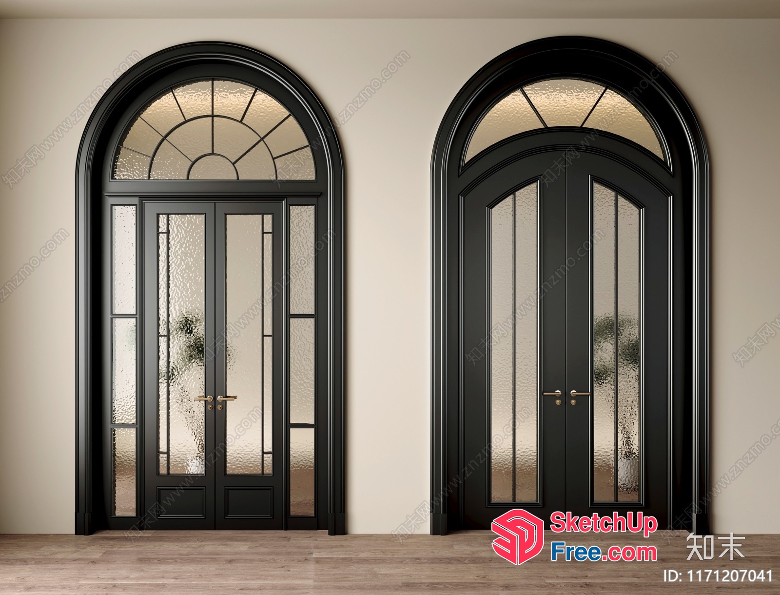 Two Black Doorways With Arched Transom Windows And Frosted Glass Panels 3D SketchUp File