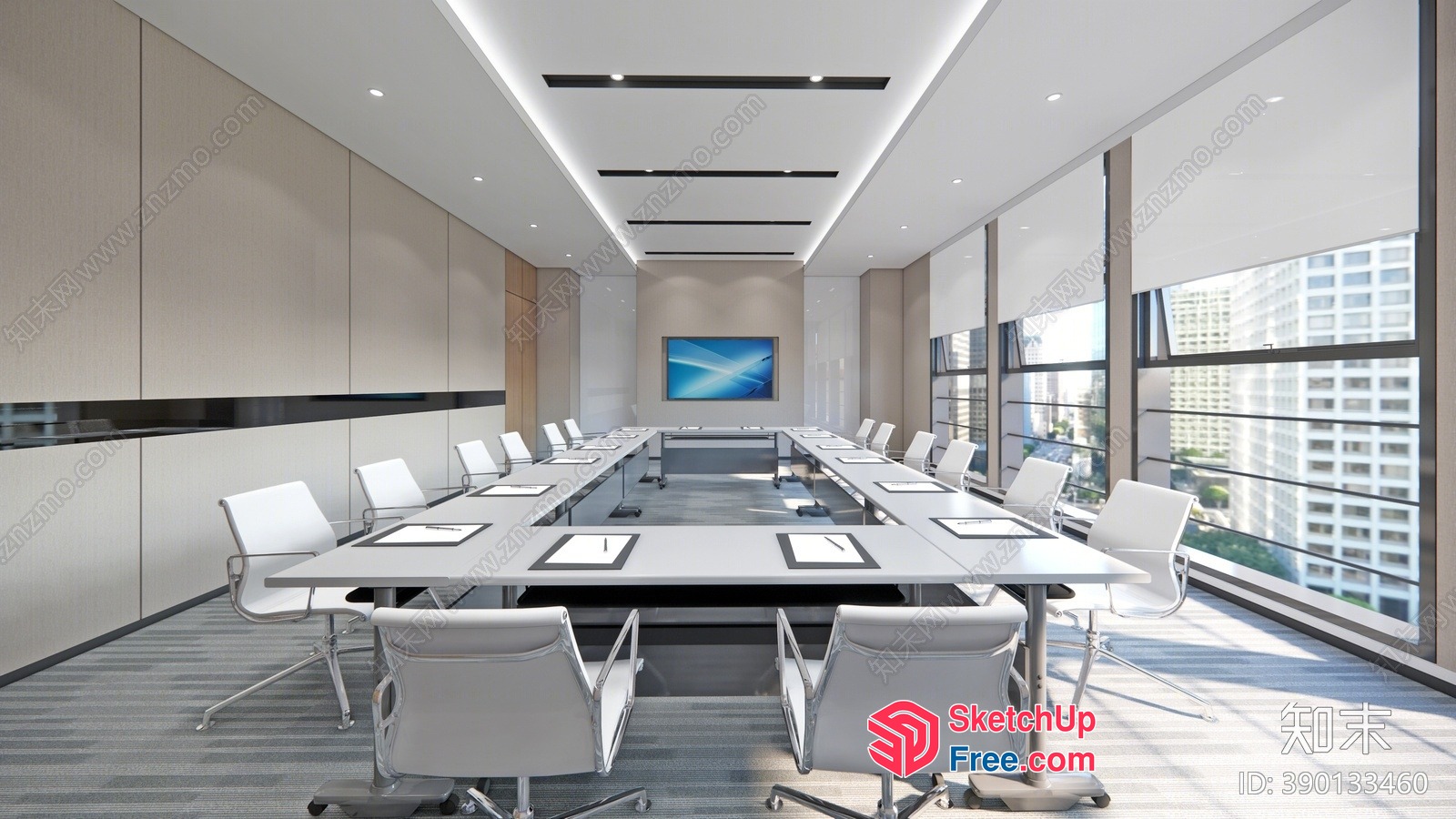 Modern Conference Room With Large Table And White Chairs 3D SketchUp File