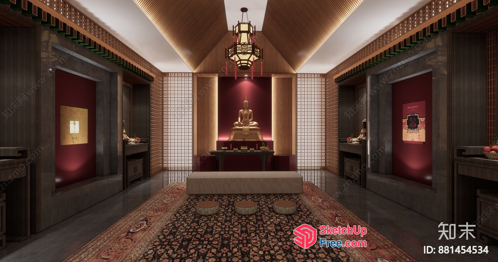 Buddhist Temple Interior With Statues And Altar 3D SketchUp File