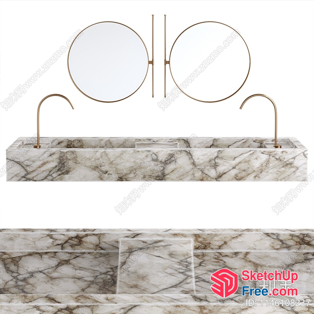 Marble Double Sink Vanity With Gold Faucets And Mirrors 3D SketchUp File
