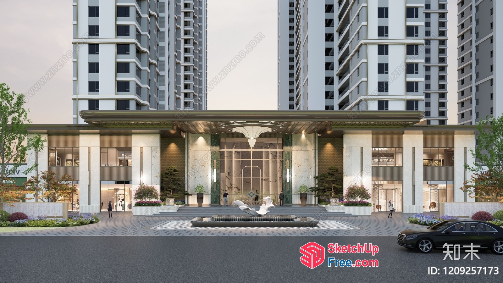 Modern High-Rise Building Entrance With Elegant Decorations 3D SketchUp File
