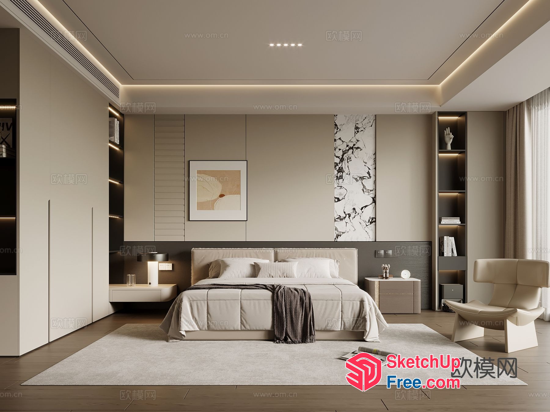 Modern Minimalist Bedroom With Creamy Style Decor 3D SketchUp File
