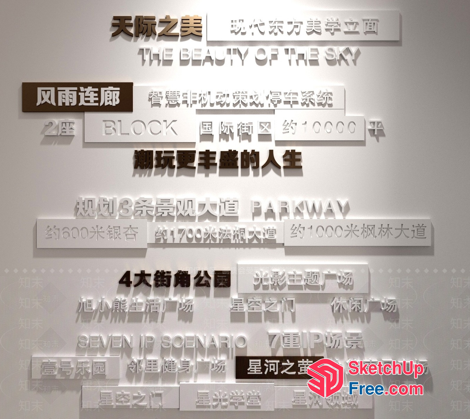 White Textured Wall With Chinese Characters And English Words 3D SketchUp File
