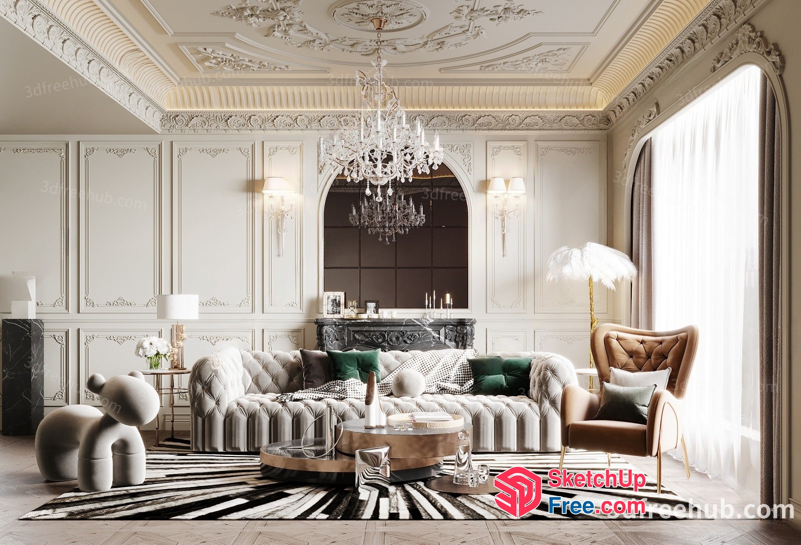 Luxurious European-Style Living Room With Ornate Ceiling 3D SketchUp File