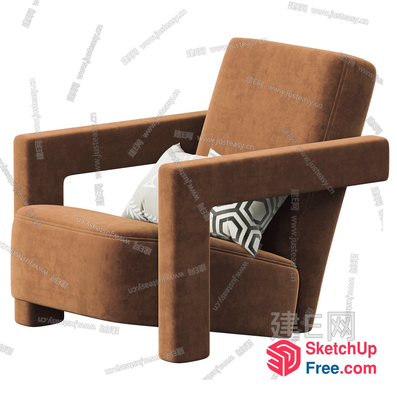 Modern Brown Armchair With Geometric Accent Pillow 3D SketchUp File