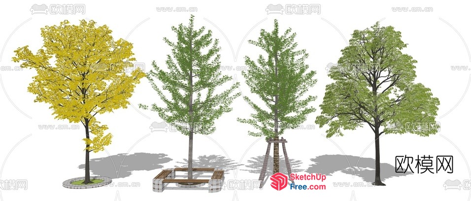 Four Trees In Different Styles 3D SketchUp File