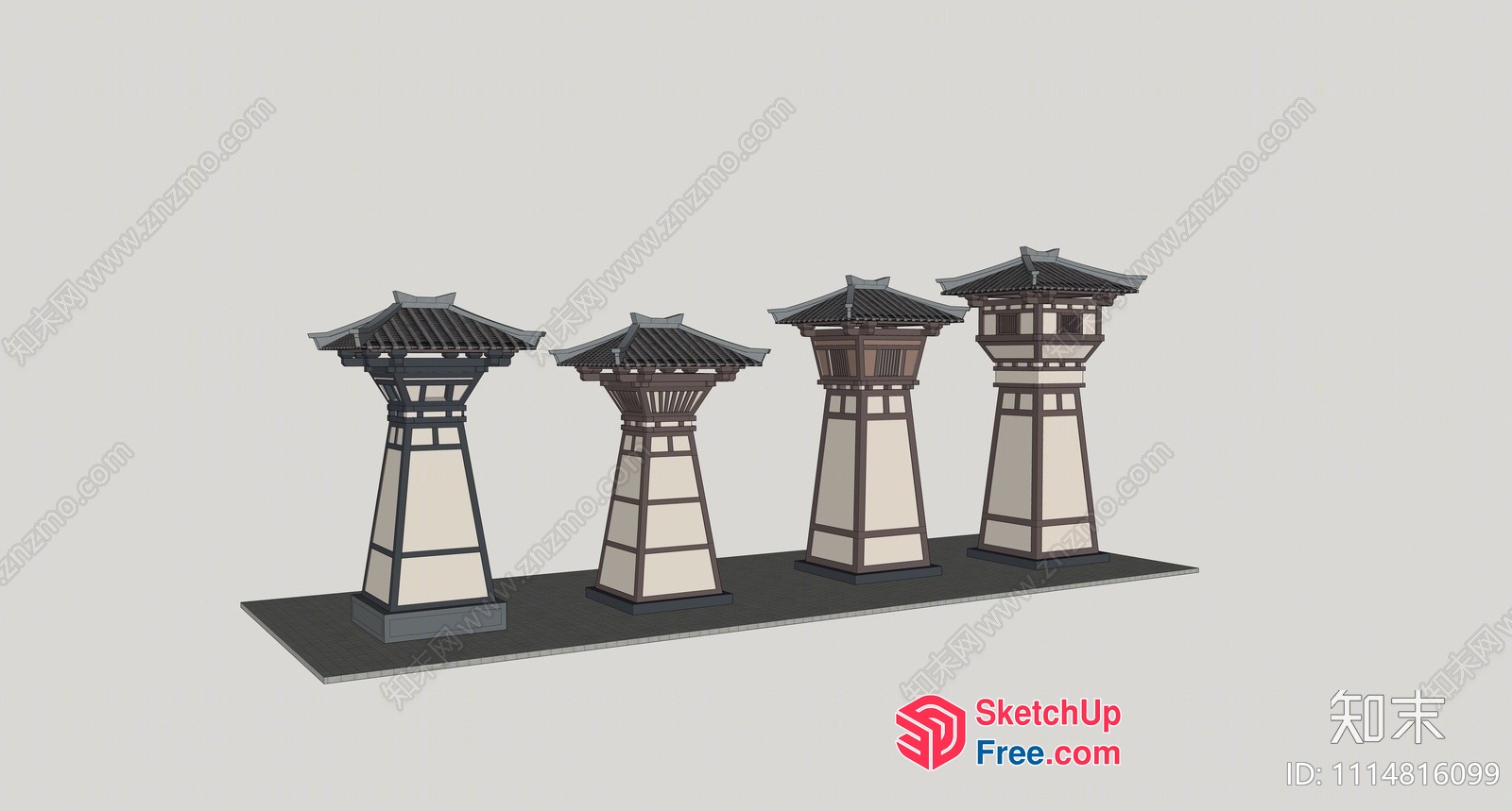 Four Japanese-Style Pillars With Traditional Roofs 3D SketchUp File