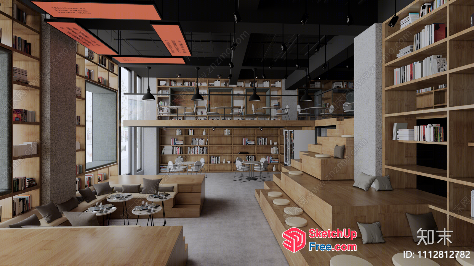Modern Library Interior With Wooden Bookshelves And Comfortable Seating 3D SketchUp File