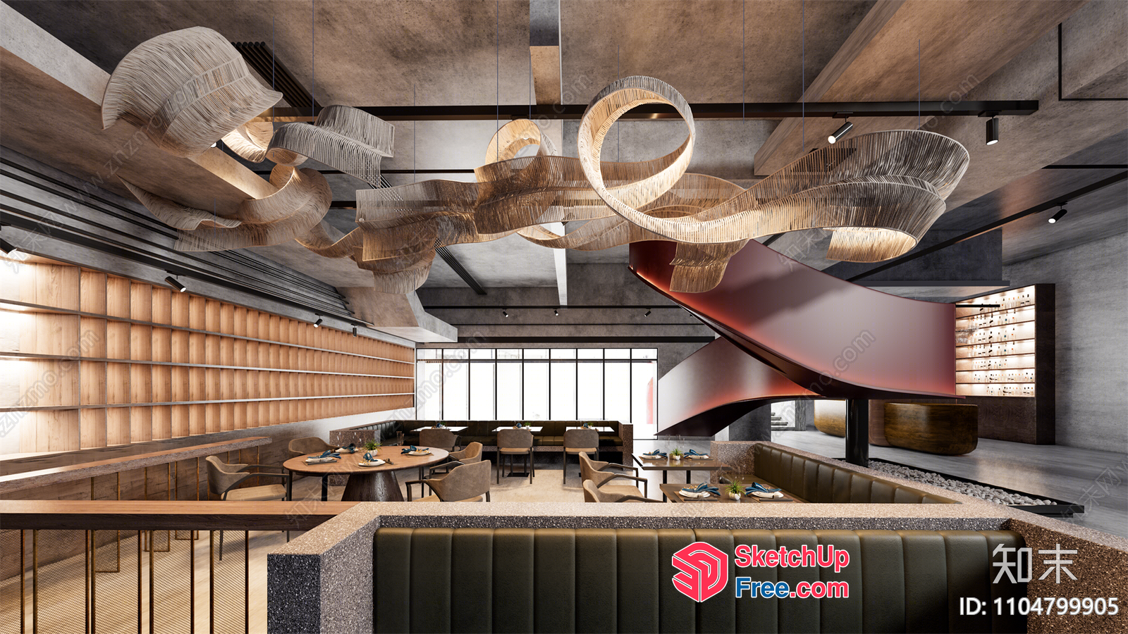 Modern Restaurant Interior With Curved Staircase And Unique Lighting 3D SketchUp File