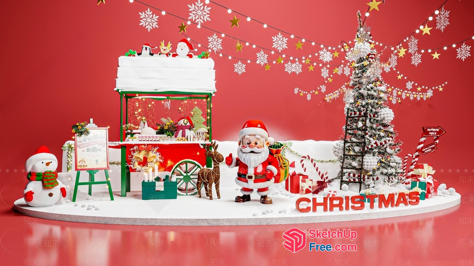Festive Christmas Holiday Scene With Santa And Snowman 3D SketchUp File