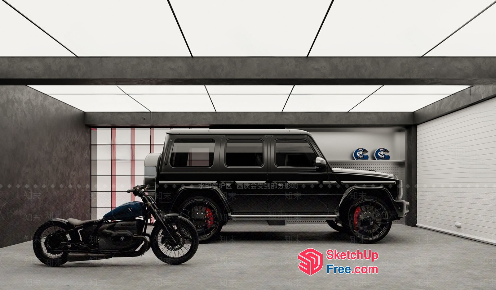 Modern Garage With Sleek Black Suv And Motorcycle 3D SketchUp File
