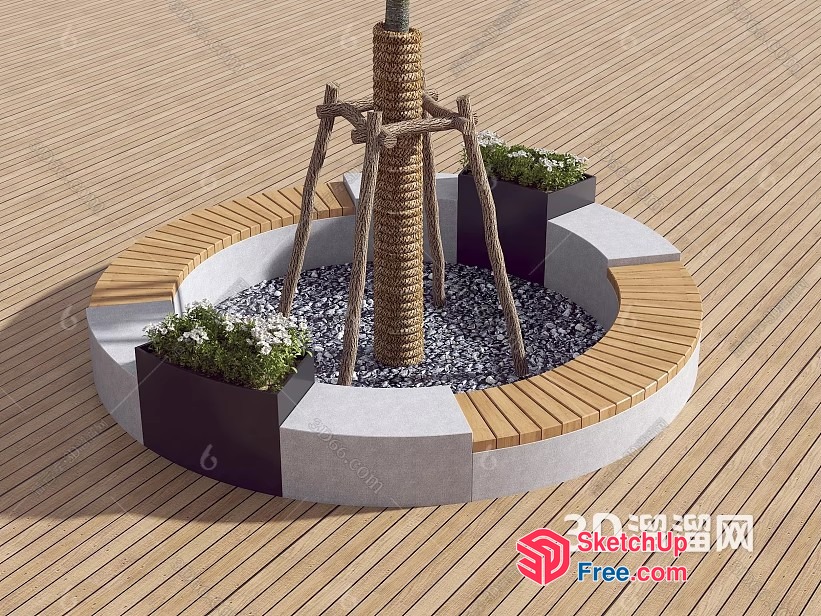 Modern Outdoor Seating Area With Circular Bench And Planters 3D SketchUp File