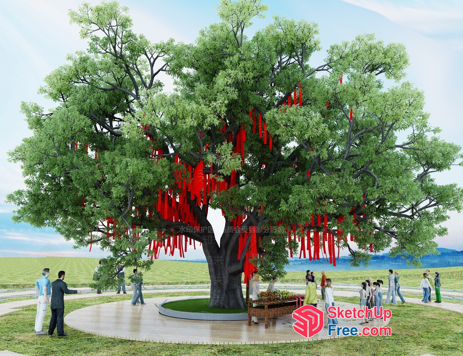 Tree Decorated With Red Ribbons In A Park 3D SketchUp File