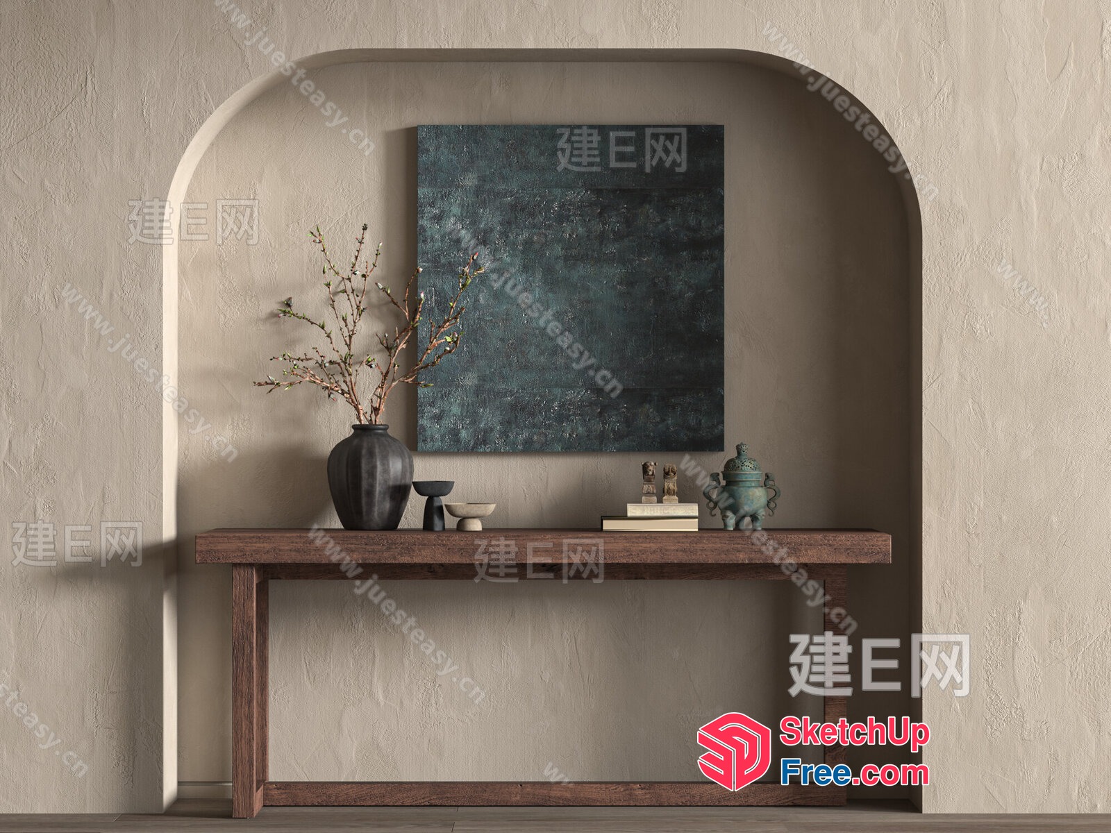 Modern Interior Decor With Wooden Console Table And Painting 3D SketchUp File