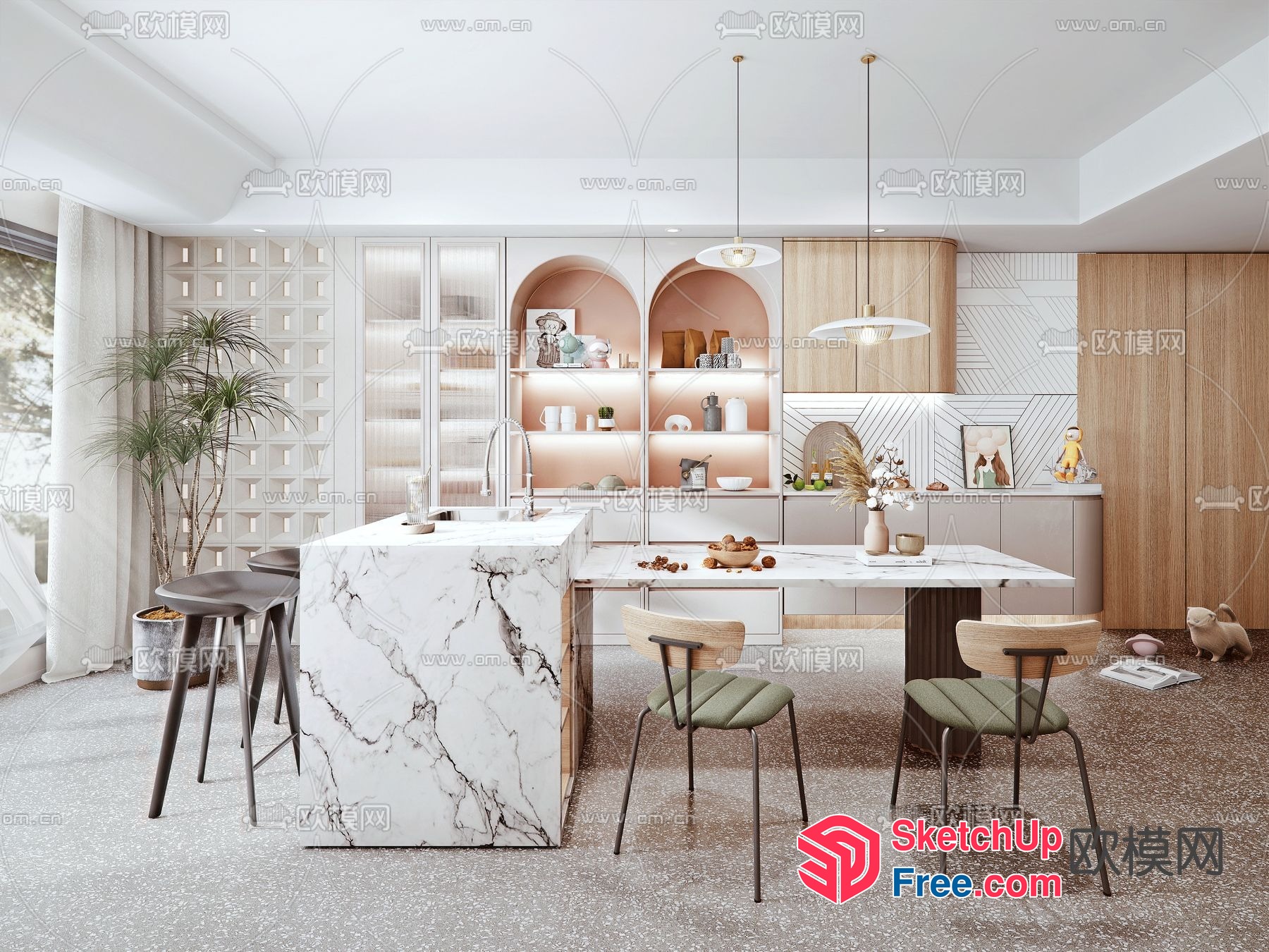 Modern Kitchen Interior With White Marble Island And Stools 3D SketchUp File