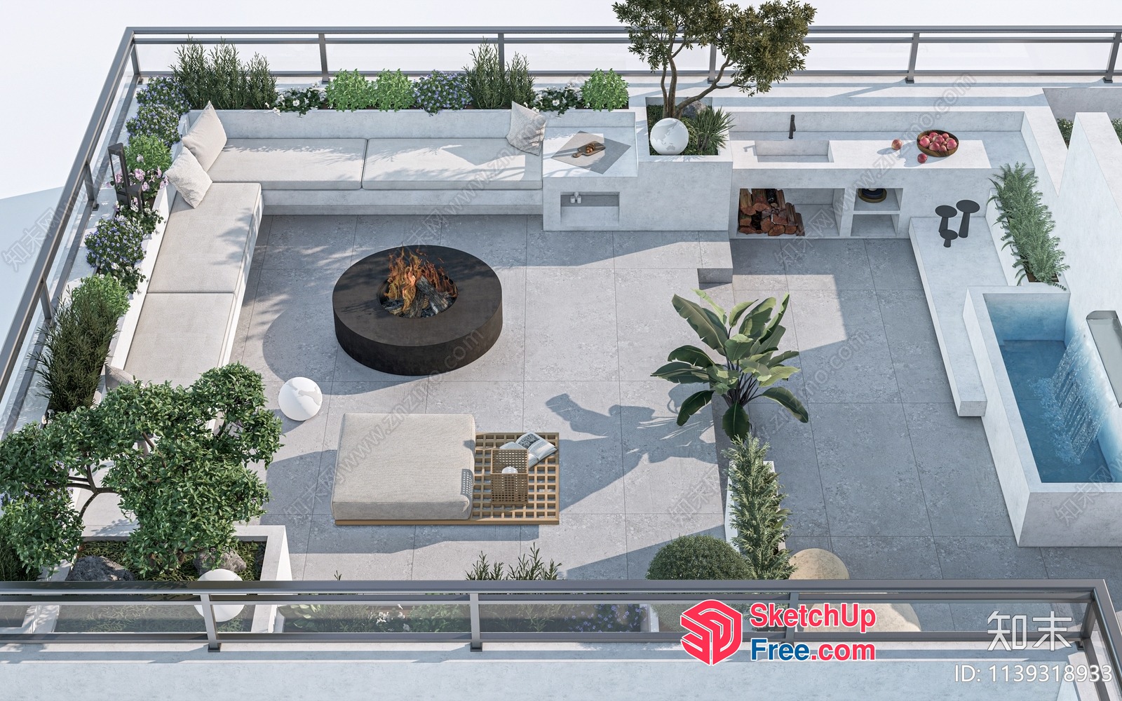 Modern Outdoor Living Space With Fireplace And Water Feature 3D SketchUp File