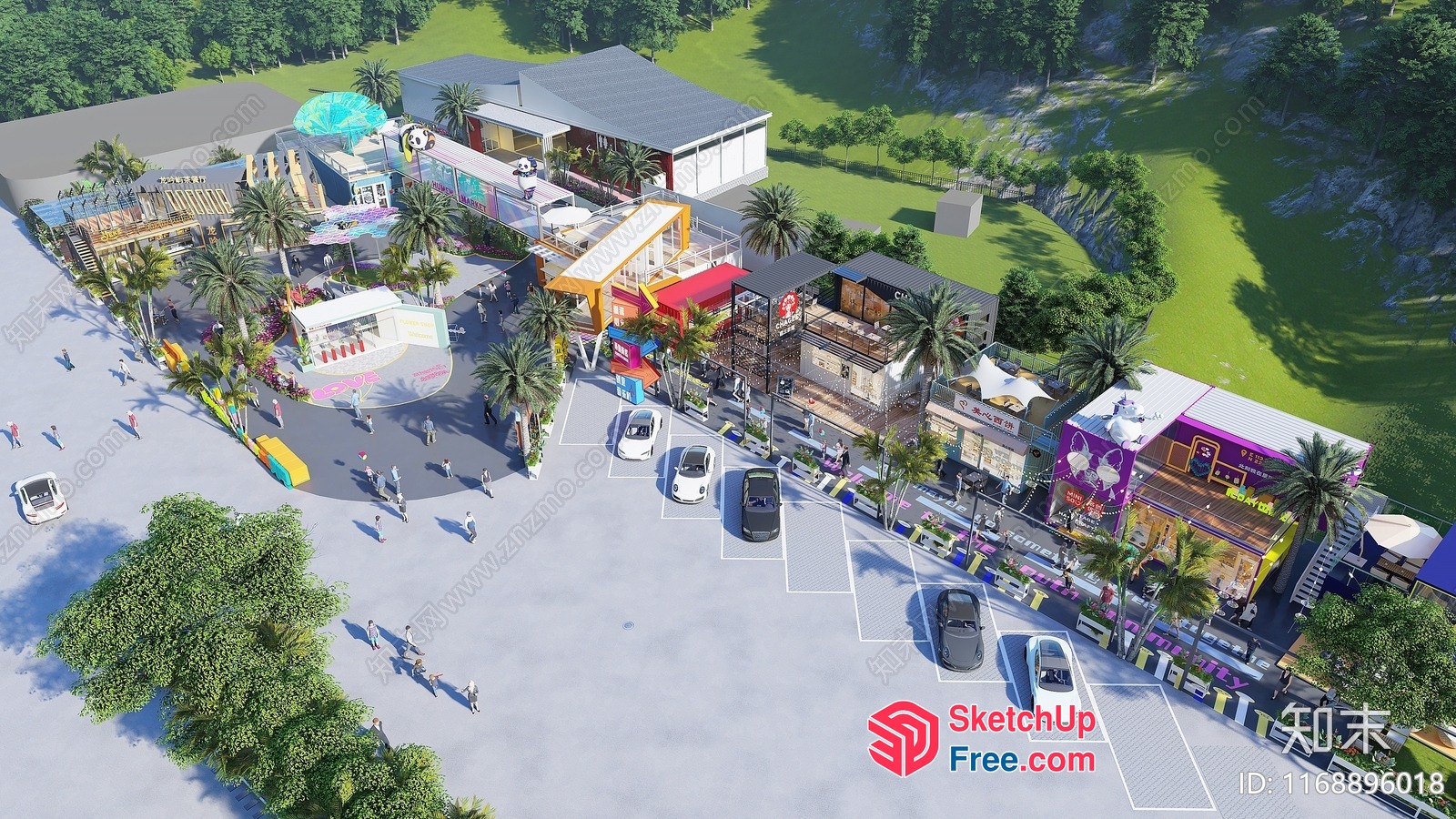 Tropical Resort Scene With Food Trucks And Parking 3D SketchUp File