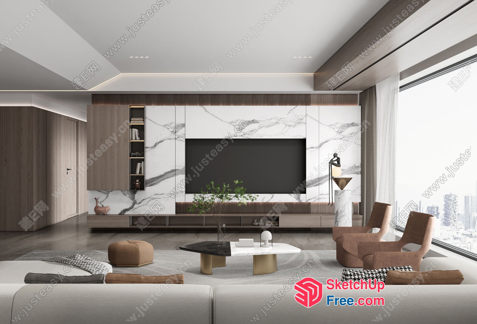 Elegant Modern Living Room With Tv And Window 3D SketchUp File