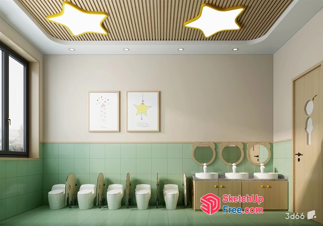 Modern Bathroom With Star-Shaped Ceiling Lights And Green Tiles 3D SketchUp File