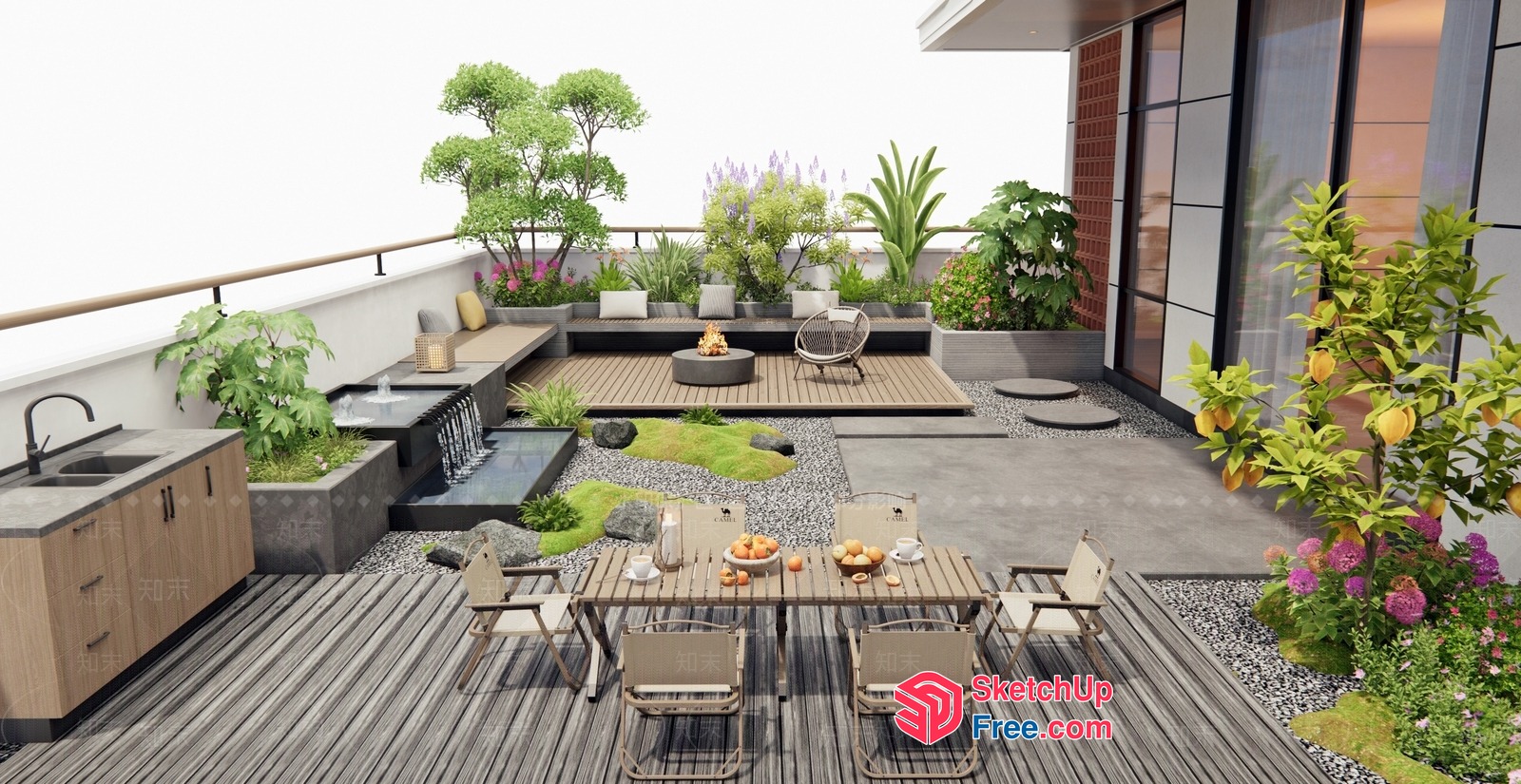 Modern Outdoor Patio With Wooden Deck And Water Feature 3D SketchUp File