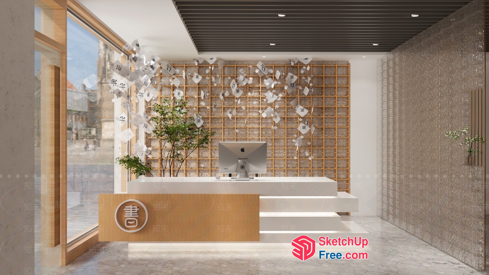 Elegant Minimalist Japanese-Style Reception Desk With Natural Wood Accents 3D SketchUp File