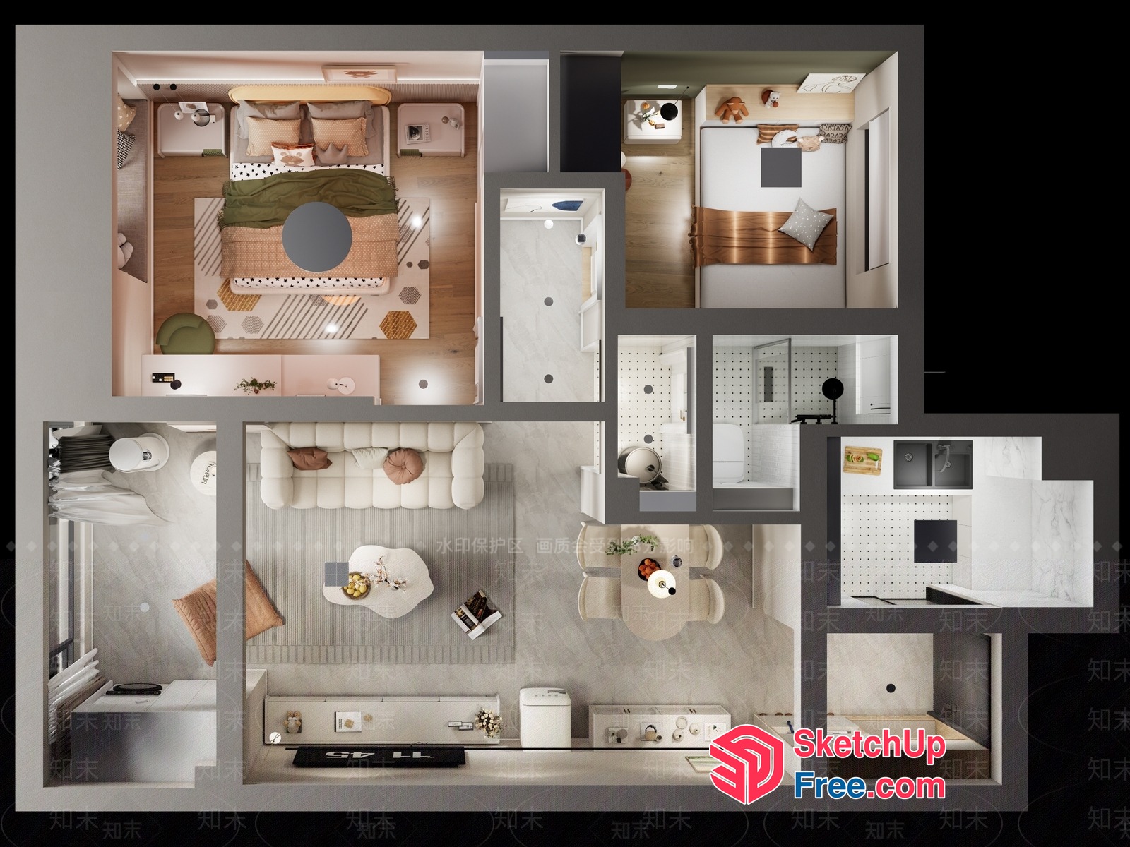 Modern Apartment Plan With Sleek Kitchen And Cozy Bedroom 3D SketchUp File