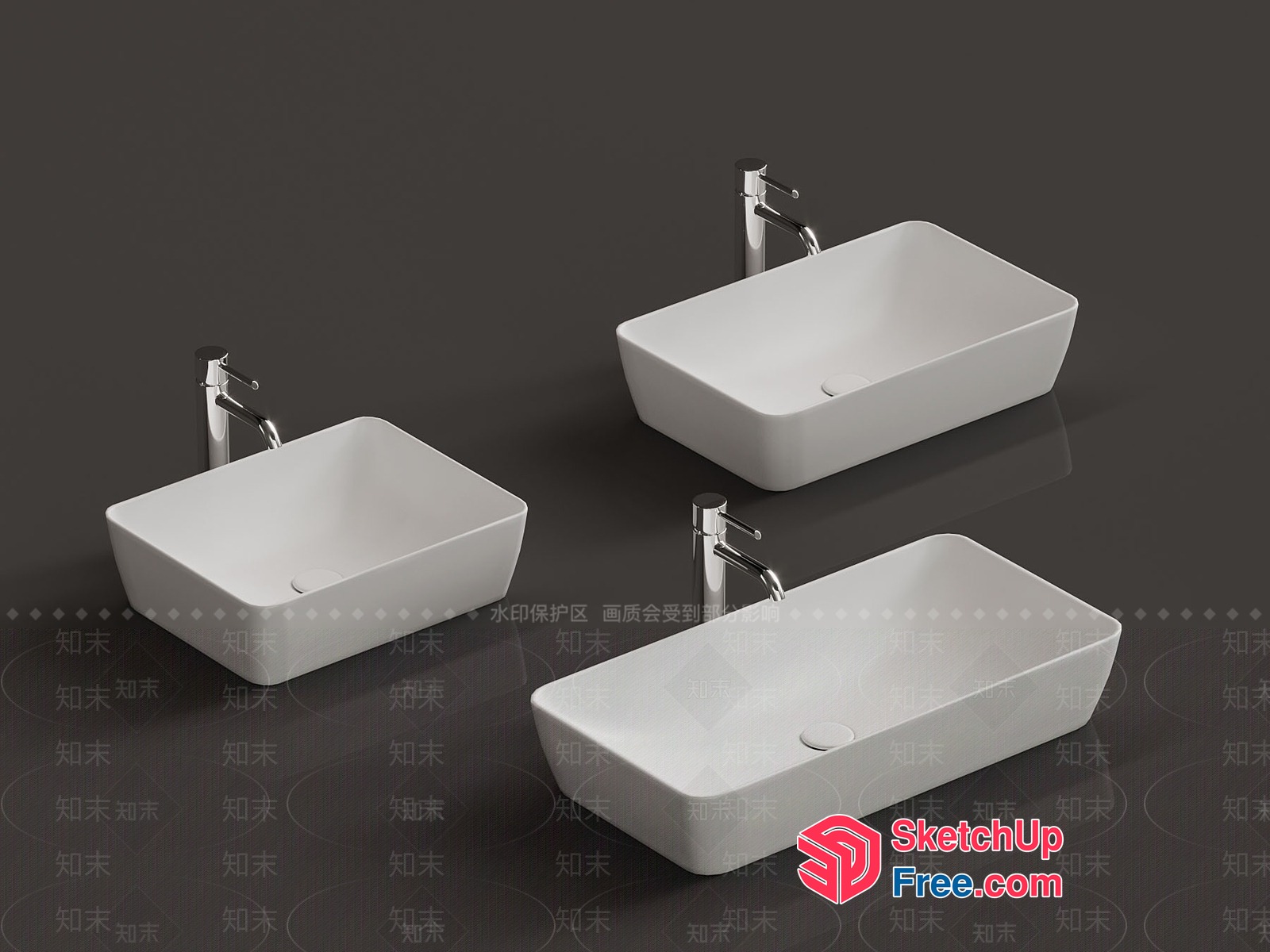 Three White Rectangular Sinks With Silver Faucets 3D SketchUp File
