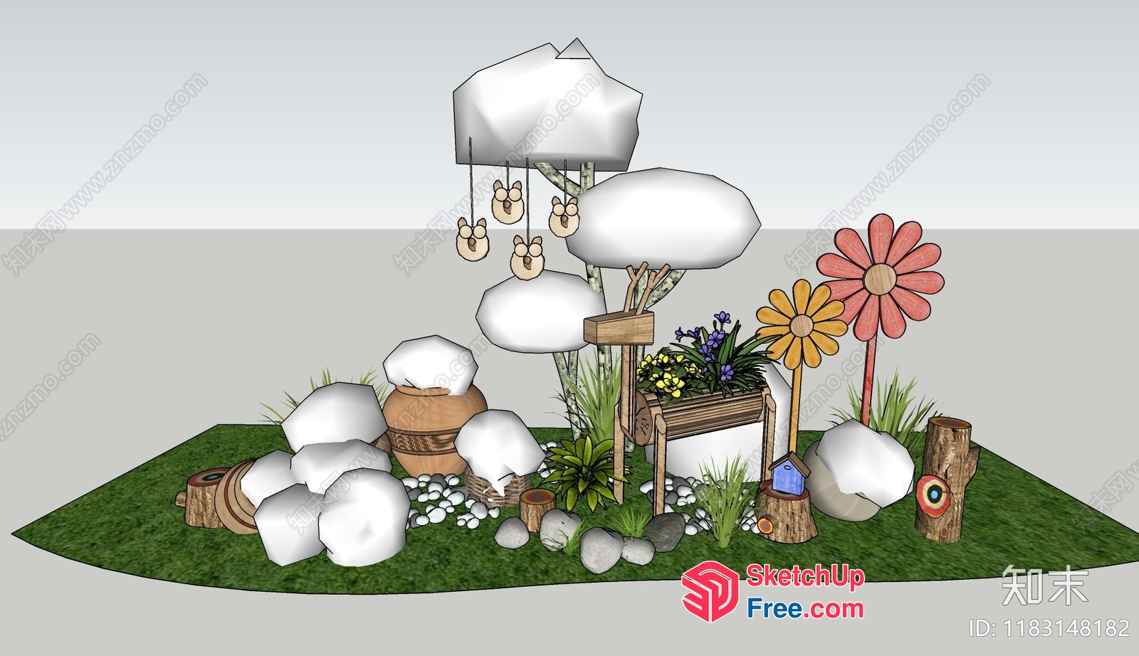 Japanese Style Garden Decor With White Stones And Flowers 3D SketchUp File