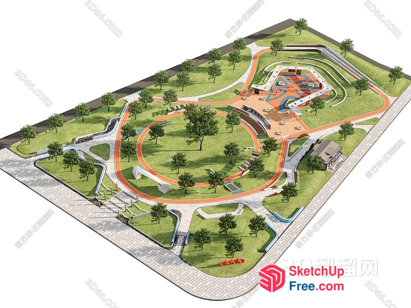 3D Rendering Of A Modern Park With A Mix Of Green Spaces And Modern Architecture 3D SketchUp File