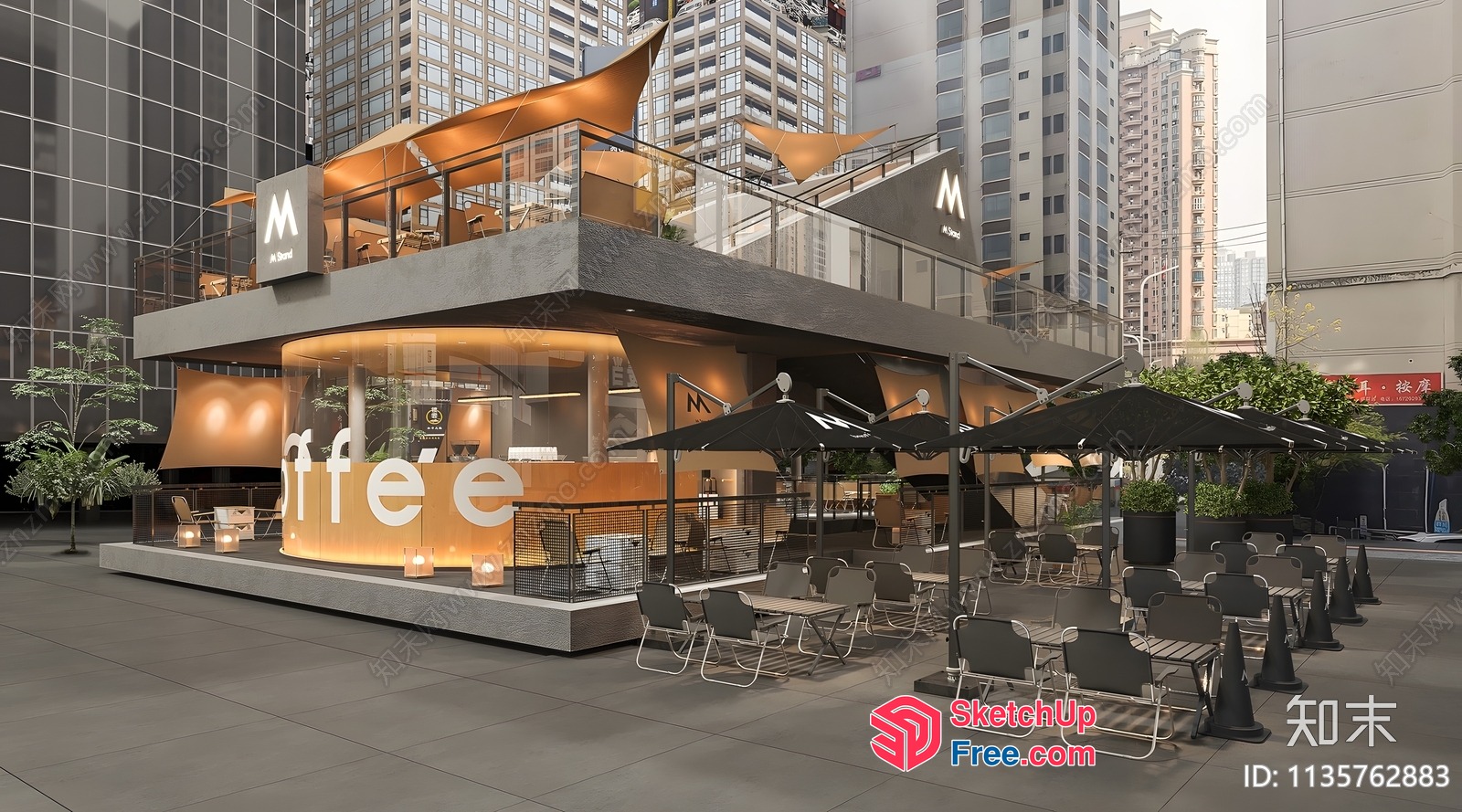 Modern Cafe Exterior With Glass Curtain Wall 3D SketchUp File